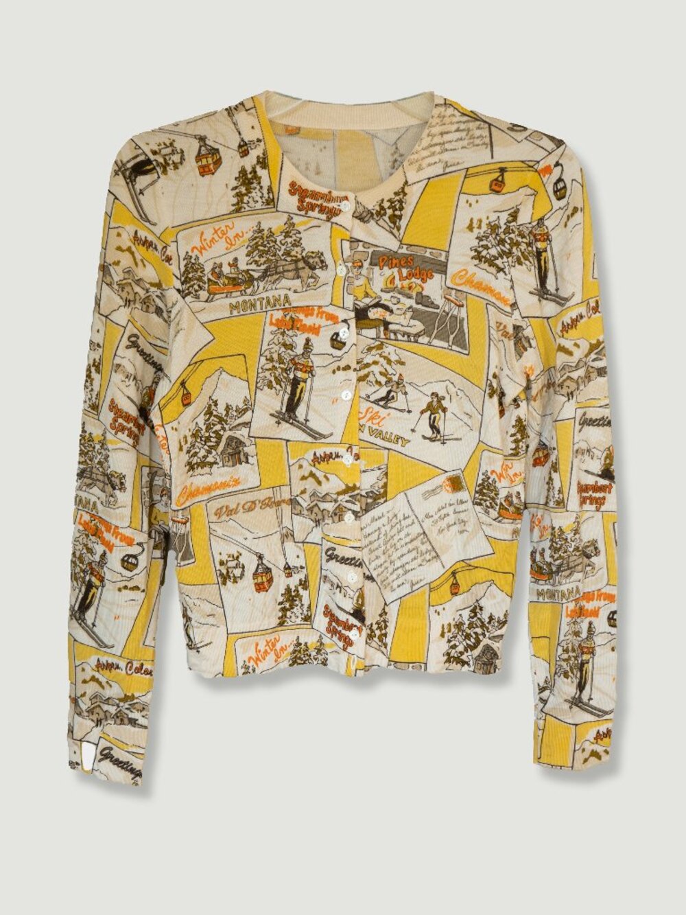 J.Crew Merino Wool Postcard Cardigan Vintage Ski Print Yellow Novelty Kitsch